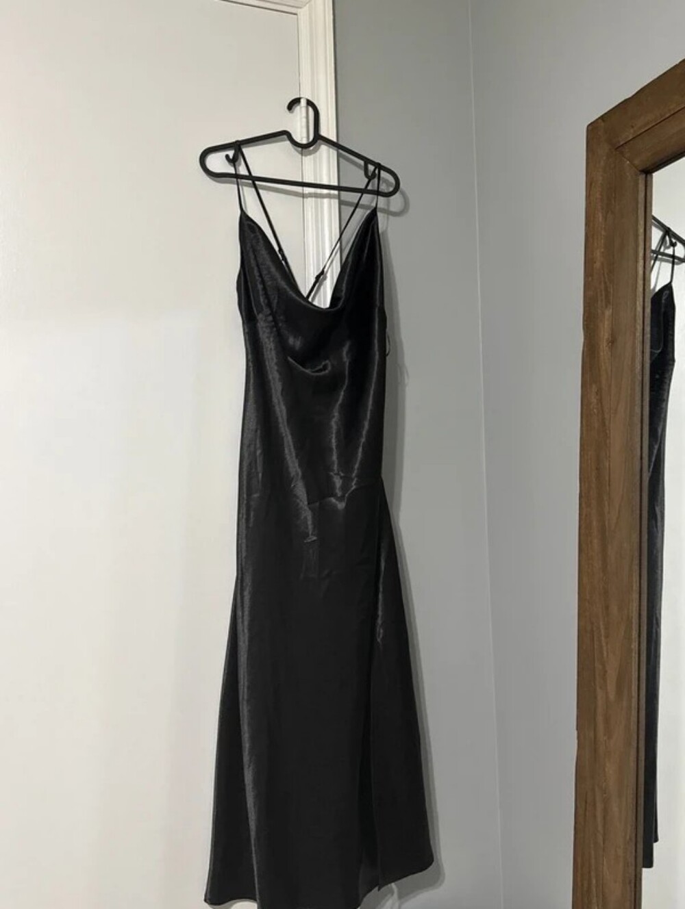 Fashion Nova Black Satin Midi Slip Dress with Cowl Neck